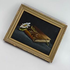 Vintage Still Life Book Glasses Daisy Painting Gold Ornate Frame Signed 1979